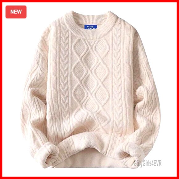 Oversized Cable Knit Pullover Sweater Heavy Acrylic Crewneck Long Sleeve